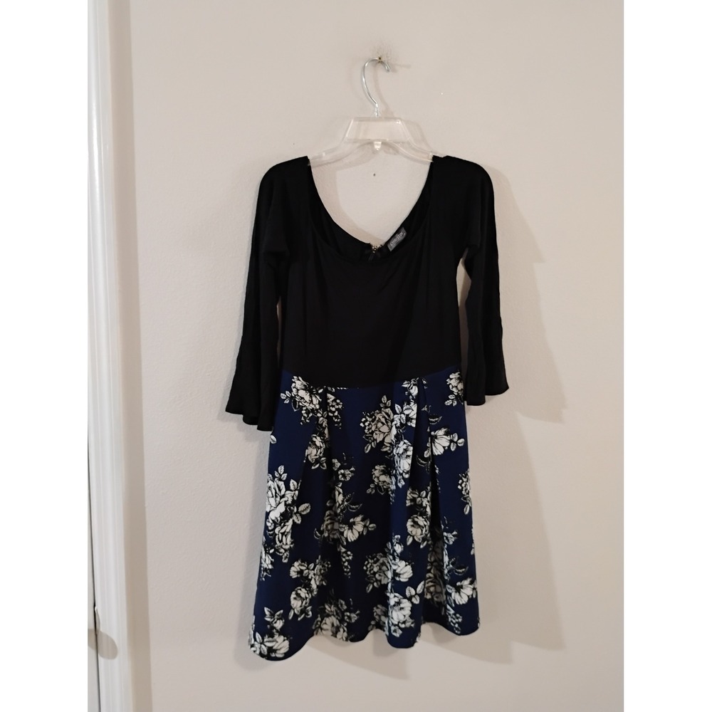 Christin Michaels Black Floral Bell Sleeve Fit and Flare Dress Size 12 Navy Blue